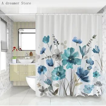 Акварел цвете душ завеса елегантен синьо бежово цвете листа баня завеси водоустойчив с куки плат декорация