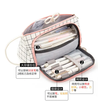 Прост кариран калъф за моливи Детска стационарна писалка молив чанта за съхранение на писалка чанта многослойна козметична чанта за съхранение на пътувания с голям капацитет