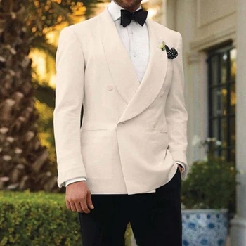 Бял двуреден сватбен смокинг за младоженец с шал Ревера 2 броя Slim fit Мъжки костюми комплект Яке с черни панталони Мода
