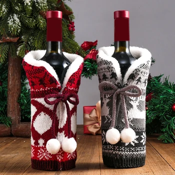Червено вино бира шампанско покритие плетене вълна коледно вино бутилка покритие плетени пуловери Начало Фестивал Декорация на маса