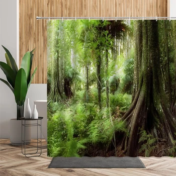 3D Тропическа гора Естествен пейзаж Водоустойчив душ завеса Зелени дървета Мъх Дълбока гора Баня Преграден екран Завеса за баня