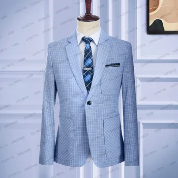 2023 Нова мода мъжки костюм лято светло синьо бяло класически кариран лен смокинг младоженец случайни бизнес сватбено яке блейзъри палто