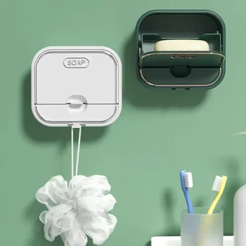 Пластмасова сапунена чиния с капак Стенна сапунена кутия без перфоратор Дренажен контейнер Държач за сапун Рафт за съхранение на аксесоари за баня
