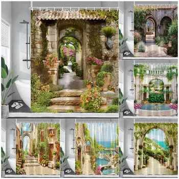 Италиански пейзаж душ завеса реколта европейски град улични цветя природа градина стена висящи дома баня декор с куки