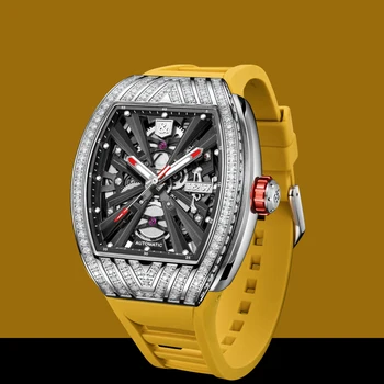 I&W Мъжки автоматичен часовник Tonneau 43 * 51mm Луксозен механичен ръчен часовник Светещ 50m водоустойчива гумена каишка Циркон Bezel