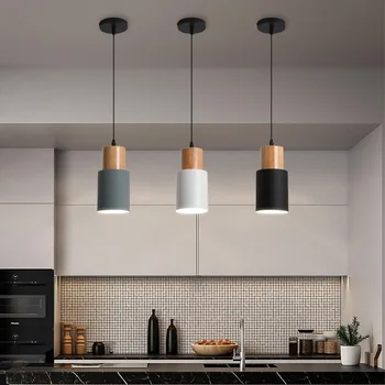 Nordic LED висулка светлини метални дървени полилеи висящи осветление трапезария кухня бар нощни светлини висулка лампи E27 крушка