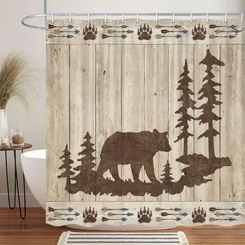 Bear душ завеси за баня диви животни селски кабина гора мечка печат дървена дъска кърпа баня завеса комплект баня декор