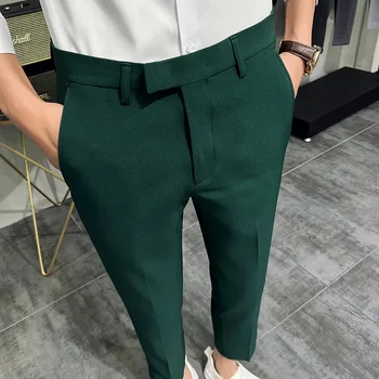 2023 Лятна мода мъжки тъмно зелен костюм панталони чист цвят бизнес занимание тънък годни рокля офис глезена панталони