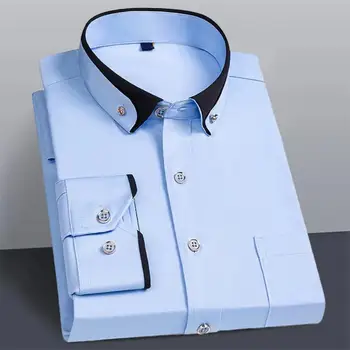 Мъжка риза контрастен цвят ревера мъжки бизнес риза мека дишаща офис отгоре плюс размер против бръчки средна дължина мъже официални