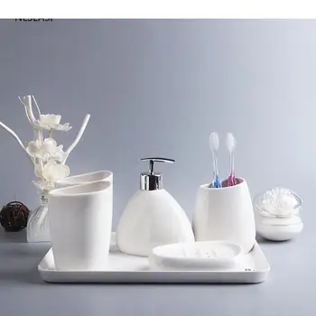 Комплект от пет части Чисто бял Простота Керамика Начало Аксесоари за баня Емулсия Бутилка за уста Държач за четка за зъби Сапунерка