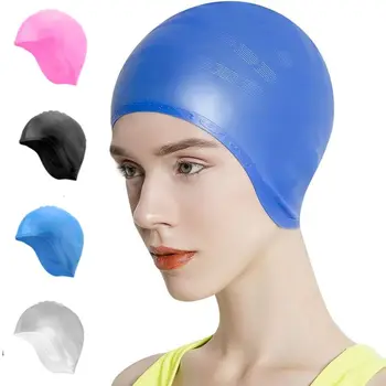 Неплъзгаща се плувна шапка удобни уши подсилени ръб дълга коса покритие плуване шапка сълза доказателство дизайн силиконова шапка за къпане