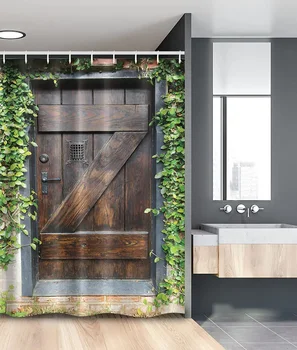 Рустикална дървена врата душ завеси реколта тухла стена зеленина оставя модерен ретро печатни баня декор баня завеса комплект куки