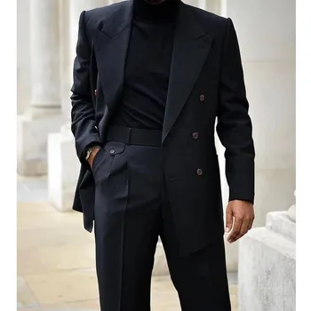 Костюм Homme Сватба Мъже Костюми Черно Двуреден връх Ревера Masculino Terno Slim Fit Groom Blazer 2 броя яке + панталони