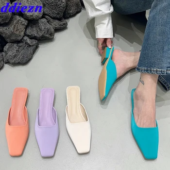 Лятна мода коприна жени мулета женски луксозни обувки квадратни пръсти дамски сандали с нисък ток пързалки чехли за жена 2023