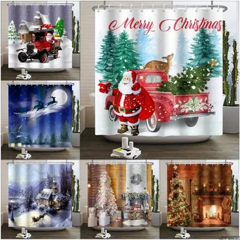 Fun Коледа душ завеса, Санта камина бор Коледа топка джудже червен камион лосове подарък, баня декорация душ завеса H