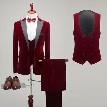 2023Еластичен фланелет от фини влакна (костюм + жилетка + панталон) Мъжка бизнес вечеря Сватбена рокля Изпълнителски костюм Комплект от три части