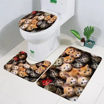 CLOOCL Животни Тоалетна Cover Комплекти Таби Котки Коте отпечатани фланела Тоалетна от три части U-образна килим Баня Мат Килим Дропшипинг