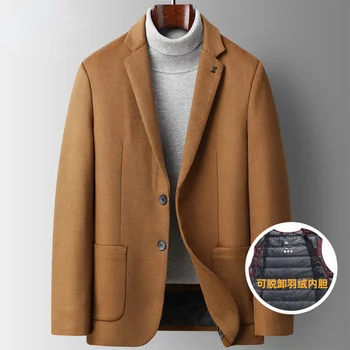 Mens Blazer Jacket Casual Autumn Winter Jackets for 35.1% Wool Coat Detachable Down Liner Slim Fit Ropa Hombre