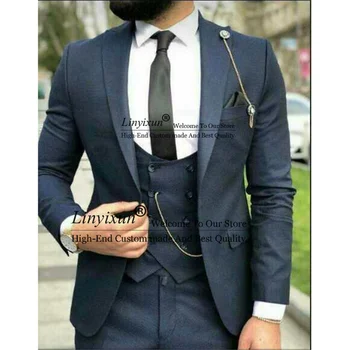 Navy Blue Men Slim Fit Suits Peaked Lapel Groom Wedding Blazer Business Terno Masculino 3 броя яке панталони жилетка костюм Homme