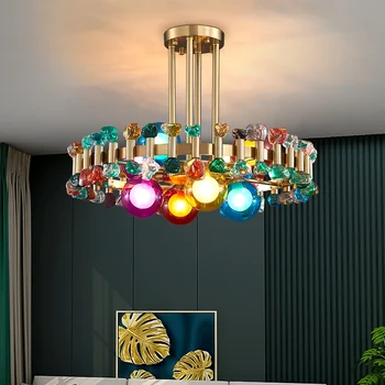 Модерен цветен кристален полилей арт камък кръгла висяща светлина за спалня декор творчески LED таван полилей тела