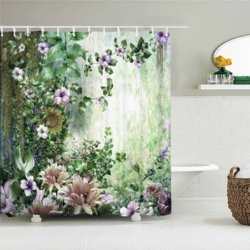 Красива цвете листа растение баня завеса водоустойчив плат душ завеси палмови листа модел вана екран за баня декор