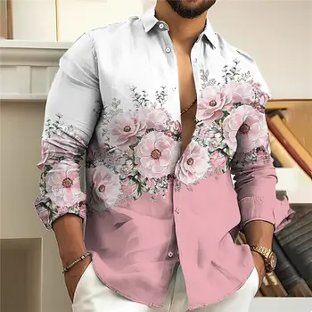 Проста мъжка риза 3d флорални печатни розови ризи с дълъг ръкав за мъже плажно парти блуза хлабав извънгабаритни риза модни върхове тениски