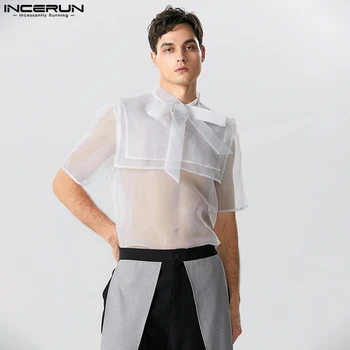 Casual стилен стил върхове INCERUN нови мъжки секси прозрачни мрежести лък ризи модни мъжки шоу тънък къс ръкав блуза S-5XL