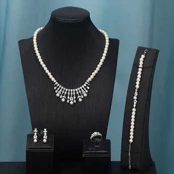 Pearl огърлица за жени луксозен високо качество цвете форма 4 парчета ясно кубичен циркон женски бижута комплекти сватбено парти