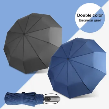 Устойчив на вятър сгъваем автоматичен чадър Дъжд жени Авто луксозен голям ветроупорен чадър дъжд за мъже черно покритие 10K чадър