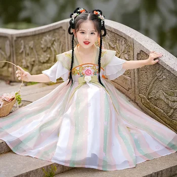 Girls Hanfu рокля за лято 2024 Нов китайски стил Tang костюм древен костюм V-образно деколте къс ръкав пачуърк цветя рокли