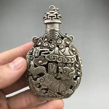 Китайски древен тибетски сребърен емфие бутилка ръчно издълбани китайски дракон модел