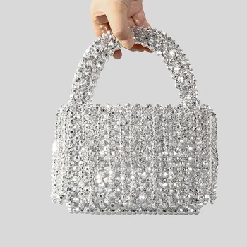 Акрилни пискюл чанти за жени Луксозни дизайнерски чанти и портмонета 2023 Ново в модата Beaded Silver Evening Clutch Party Bag