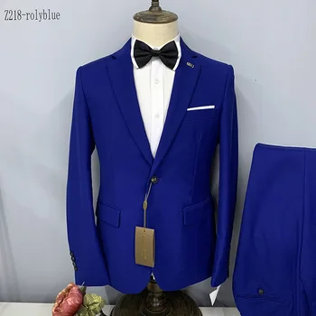 Костюм за мъже 2 броя тънък годни сватбен блейзър с панталони комплект класически елегантен сако абитуриентски парти бизнес Royal Blue мъже смокинги
