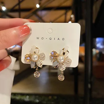 позлатени 925 Сребърна игла корейски диамант цвете обеци един стил за двойно износване обеци мода малък