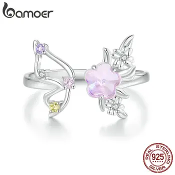 Bamoer 925 стерлинги сребро сладък розов цвете отваряне пръстен циркон пеперуда регулируем пръстен за жени романтичен подарък рожден ден