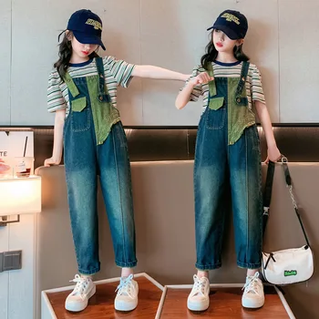 корейски нови деца деним гащеризони контраст цвят пачуърк джобове момчета момичета дънки случайни хлабав детски панталони за 6 8 10 12 14 г