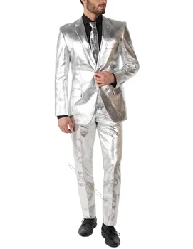 Slim Fit мъжки костюм лъскав сребърен уникален дизайн за певец абитуриентски бал празнично парти косплей мъжко облекло / костюм доставка по поръчка нов комплект