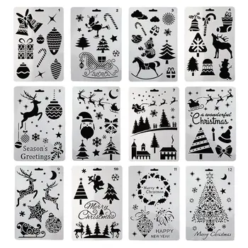 12бр Коледа живопис шаблони комплект елен снежен човек Дядо Коледа рисуване пръскане шаблон за дърво хартия плат стъкло занаят