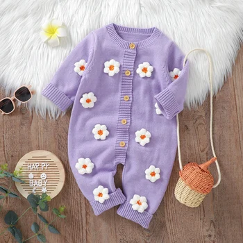 Бебешки ританки дълъг ръкав есен бебе момиче гащеризон мода сладък 3D флорални новородени детски дрехи 0-18M плетени гащеризони топла зима