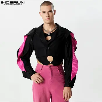 парти показва стил върховете INCERUN мъжки кухи изрязани снаждане контраст цвят нетактичност хлабав силует дълъг ръкав костюм палта S-5XL