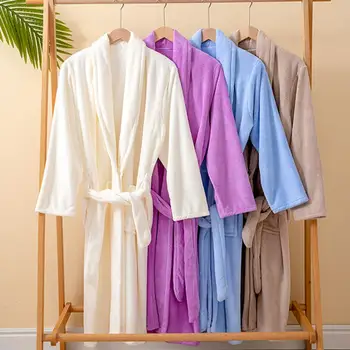елегантен халат за баня топъл фланел корал руно халат за баня уютен дамски зимен спален костюм за двойки дълъг ръкав колан за термични
