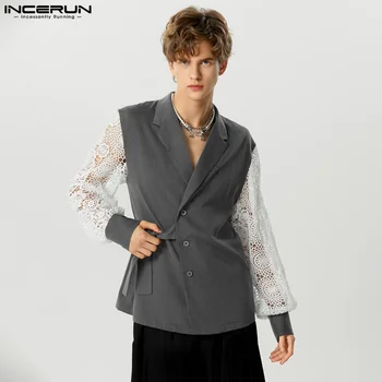 Модни мъже нетактичност дантела пачуърк ревера дълъг ръкав улично облекло бутон мъжки ежедневни костюми дантела нагоре 2023 тънки палта S-5XL INCERUN