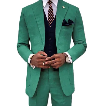 2 парчета зелени мъже костюми памук младоженец смокинги ревера модерен официален мъже палто + панталон по поръчка парти костюм евтини