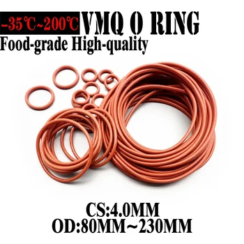 20pcs VMQ O пръстен уплътнител уплътнител дебелина CS 4mm OD 80 ~ 230mm силиконов каучук изолирани водоустойчива шайба кръгла форма нетоксичен червен