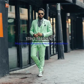 Apple Green Suits Men Slim Fit Business Outdoor Wear 3 броя Groomsmen Tuxedo Едноредно яке + Waitcoat + панталони по поръчка