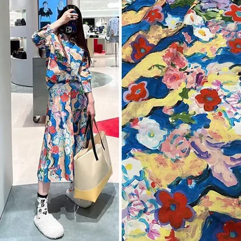 Европейско и американско модно шоу чист памук вълнообразни цветя печатни плат дамски пола поплин цвете висша мода плат
