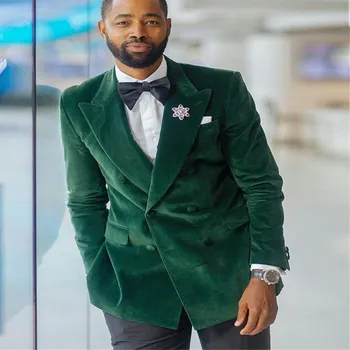 Green Velvet Suits for Men with Double Orded Slim Fit 2 Piece Blazer with Black Pants Male Wedding Groom Tuxedo 2023