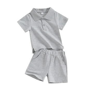 бебе момче момиче летни дрехи къс ръкав бутон нагоре тениска шорти комплект 2бр малко дете плътен цвят екипировки