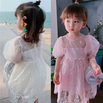 Момичета дантелена рокля 2019 лято нов къс ръкав принцеса рокля парти празнична рокля за детски дрехи детска рокля 3-10Y ws851