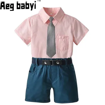 Детски дрехи за момчета Джентълменска рокля Комплект летни вратовръзки риза с къс ръкав + къси панталони 2Pcs Официален костюм Бебе Момче Сватбено тържество Outfits